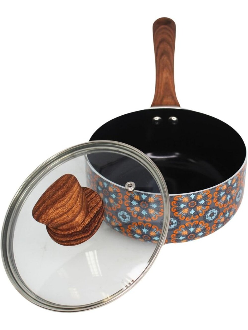 1.5 Qt Black Ceramic Saucepan with Glass Lid - Stylish Talavera Design, Durable
